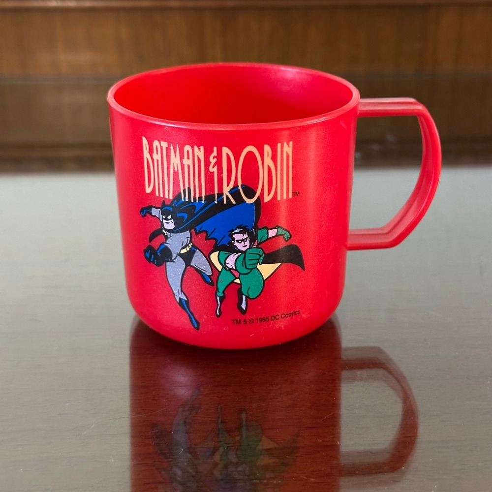 Vintage 1995 DC Comics Batman and Robin Red Plastic Mug Collectible Retro